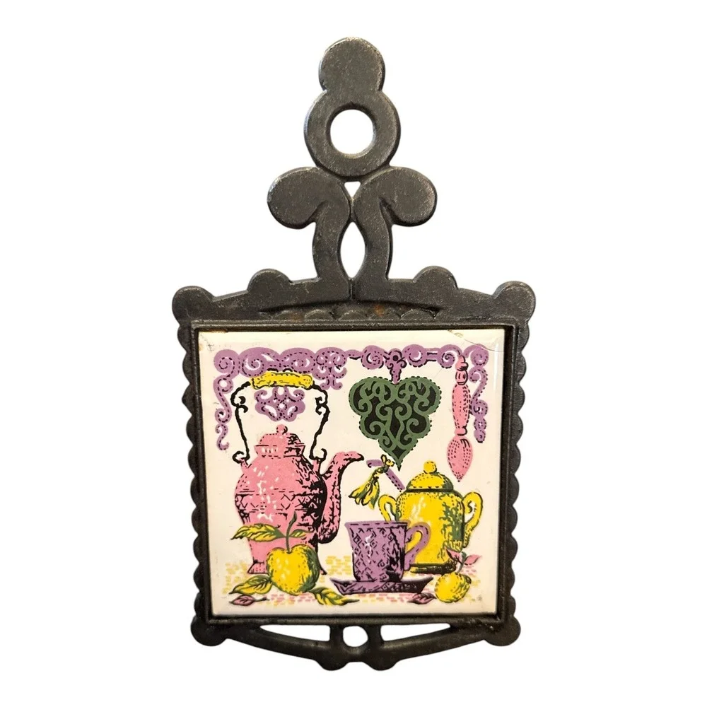 Cathay Tile Trivet Unisex OS Multicolor Vintage Cast Iron Tea Time Teapot
